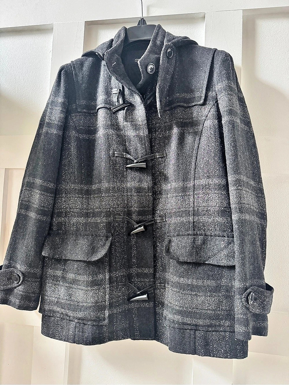 Jones New York Signature Plaid Toggle Pea Coat Heather Grey w Shimmer Accent SM